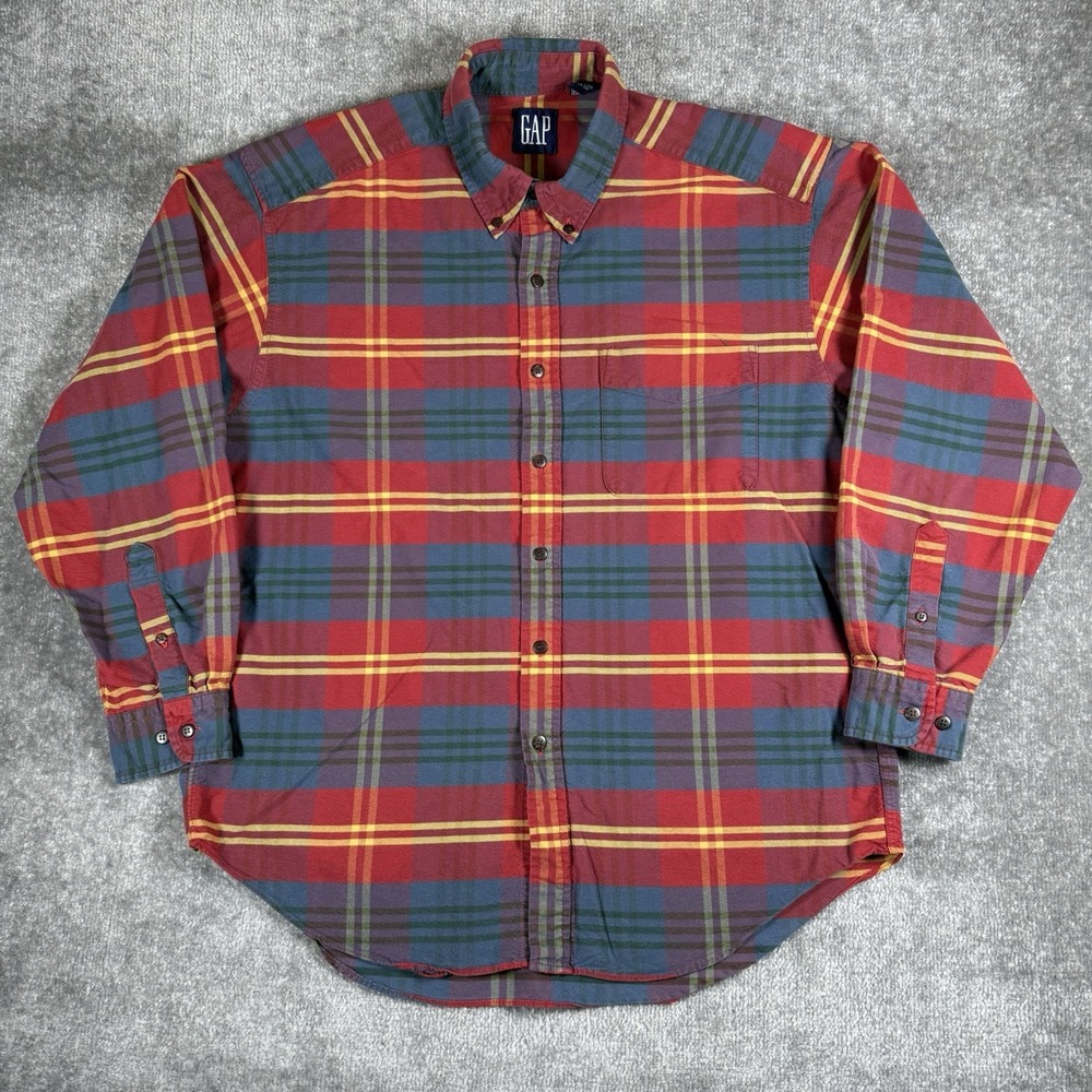 Vintage Gap Shirt Men's Large Red Plaid Long Sleeve Button Up Twill Y2K